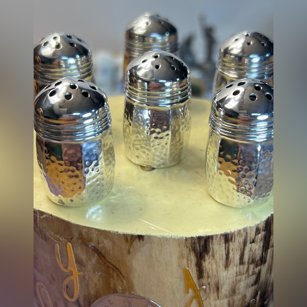 Vintage hammered sterling silver individual salt and pepper shakers, 6 in total